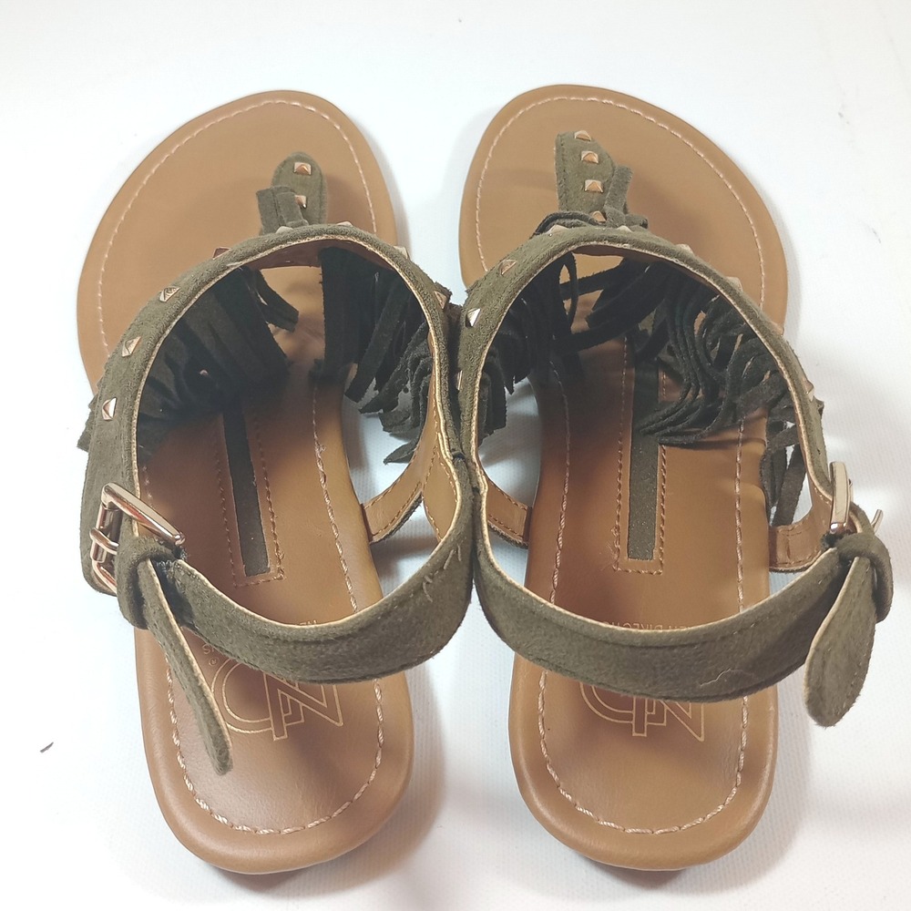 New Directions Womens Size 8 Olive Green Studded Fringe Flat Sandals Boho Shoes